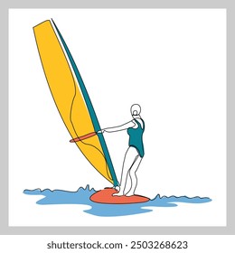 Continuous single line sketch drawing of professional windsurfing athlete ride surfboard on ocean wave. One line art of extreme sport and summer holiday vacation vector illustration