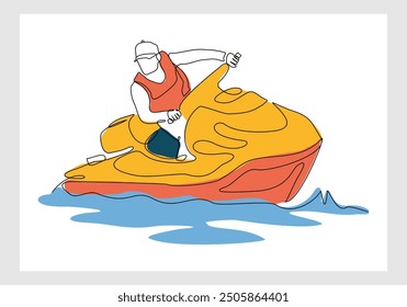 Dibujo continuo de boceto de una sola línea de hombre montando un barco de motor de moto acuática en la onda de salpicadura. Una línea de arte de deportes acuáticos al aire libre diversión de verano actividad de vacaciones Ilustración vectorial