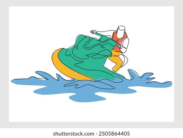 Dibujo continuo de boceto de una sola línea de hombre montando un barco de motor de moto acuática en la onda de salpicadura. Una línea de arte de deportes acuáticos al aire libre diversión de verano actividad de vacaciones Ilustración vectorial