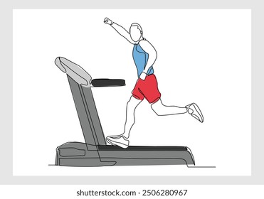 Continuous single line sketch drawing of healthy man run on treadmill machine. One line art of training gym sport exercise vector illustration