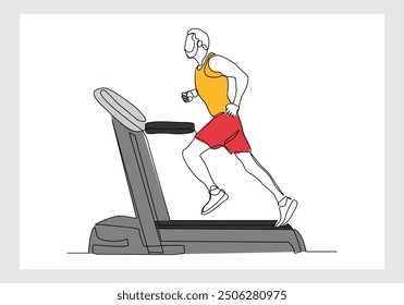Continuous single line sketch drawing of healthy man run on treadmill machine. One line art of training gym sport exercise vector illustration