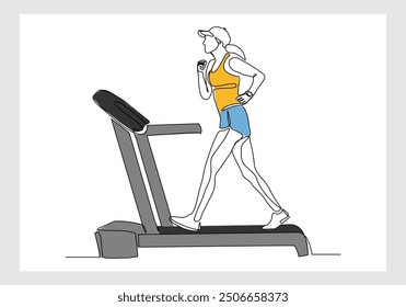 Continuous single line sketch drawing of healthy woman run on treadmill machine. One line art of training gym sport exercise vector illustration