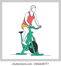 Dibujo de boceto continuo de una sola línea de hombre atlético que monta bicicleta estática en el gimnasio para el entrenamiento de resistencia de velocidad. Una línea de arte de fitness deporte actividad saludable Ilustración vectorial