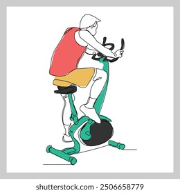 Dibujo de boceto continuo de una sola línea de hombre atlético que monta bicicleta estática en el gimnasio para el entrenamiento de resistencia de velocidad. Una línea de arte de fitness deporte actividad saludable Ilustración vectorial