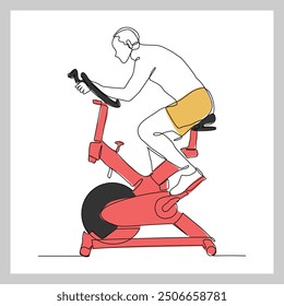 Dibujo de boceto continuo de una sola línea de hombre atlético que monta bicicleta estática en el gimnasio para el entrenamiento de resistencia de velocidad. Una línea de arte de fitness deporte actividad saludable Ilustración vectorial