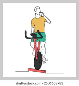 Dibujo de boceto continuo de una sola línea de hombre atlético que monta bicicleta estática en el gimnasio para el entrenamiento de resistencia de velocidad. Una línea de arte de fitness deporte actividad saludable Ilustración vectorial