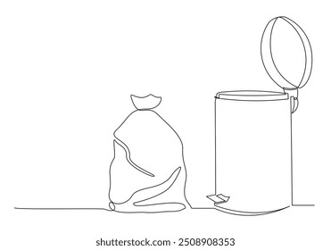 Continuous single line sketch drawing of recycle bin dustbin rubbish bin and trash garbage bag home appliance kitchenware tools one line vector illustration
