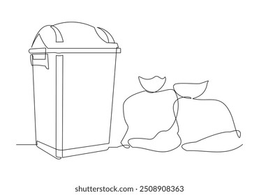 Continuous single line sketch drawing of recycle bin dustbin rubbish bin and trash garbage bag home appliance kitchenware tools one line vector illustration
