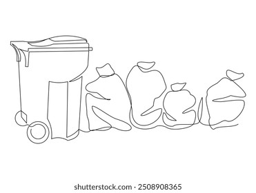 Desenho de esboço de linha única contínuo de lixeira lixeira lixeira lixeira e lixo saco de lixo casa aparelho utensílios de cozinha uma linha vetor ilustração