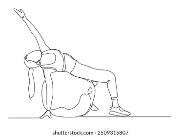 Boceto continuo de una sola línea que dibuja el ejercicio de la mujer energética joven Siéntese y estire con la bola de la aptitud en la Ilustración vectorial del deporte del estilo de vida saludable del gimnasio