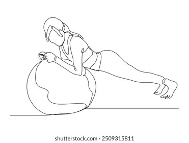 Esboço de linha única contínua desenhando jovem exercício de mulher energética sentar-se e esticar com bola de fitness no ginásio fitness estilo de vida saudável esporte vetor ilustração