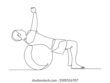 Continuous single line sketch drawing young energetic man exercise sit up and stretch with fitness ball in gym fitness healthy lifestyle sport vector illustration