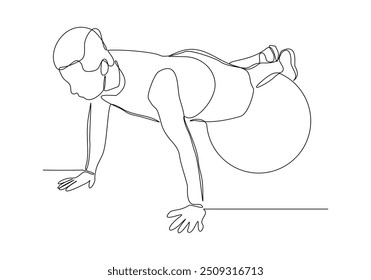 Continuous single line sketch drawing young energetic man exercise sit up and stretch with fitness ball in gym fitness healthy lifestyle sport vector illustration