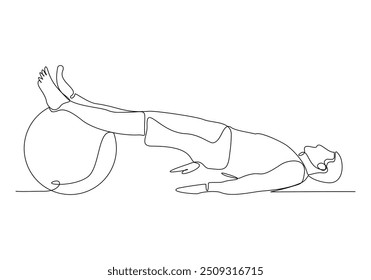 Boceto continuo de una sola línea que dibuja el ejercicio del hombre energético joven Siéntese y estire con la bola de la aptitud en la Ilustración vectorial del deporte del estilo de vida saludable del gimnasio