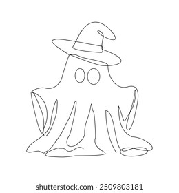 Continuous single line sketch drawing of Halloween  ghost costume theme autumn mood horrible restless soul fears one line vector illustration