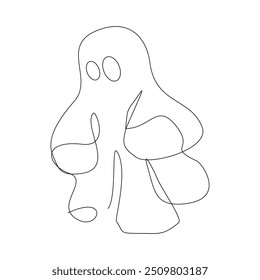 Continuous single line sketch drawing of Halloween  ghost costume theme autumn mood horrible restless soul fears one line vector illustration