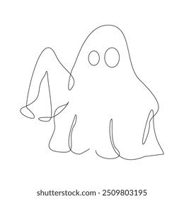 Continuous single line sketch drawing of Halloween  ghost costume theme autumn mood horrible restless soul fears one line vector illustration