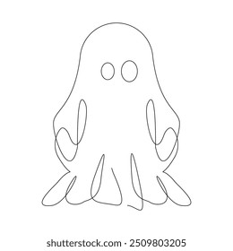 Continuous single line sketch drawing of Halloween  ghost costume theme autumn mood horrible restless soul fears one line vector illustration