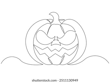 Continuous single line sketch drawing of spooky jack o lantern halloween pumpkins horror scary face vector illustration