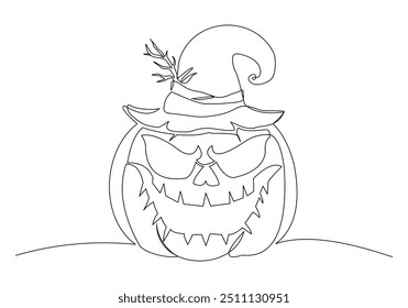 Continuous single line sketch drawing of spooky jack o lantern halloween pumpkins horror scary face vector illustration