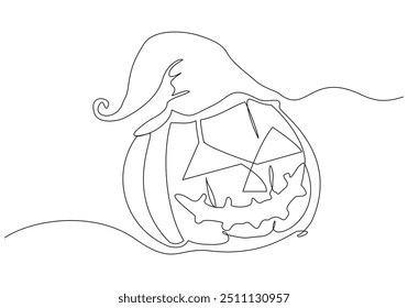 Continuous single line sketch drawing of spooky jack o lantern halloween pumpkins horror scary face vector illustration