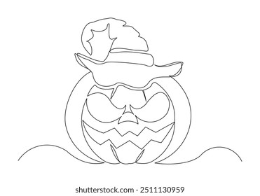 Continuous single line sketch drawing of spooky jack o lantern halloween pumpkins horror scary face vector illustration