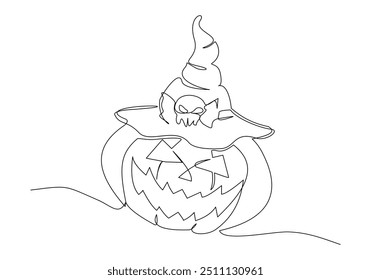 Continuous single line sketch drawing of spooky jack o lantern halloween pumpkins horror scary face vector illustration