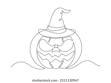 Continuous single line sketch drawing of spooky jack o lantern halloween pumpkins horror scary face vector illustration