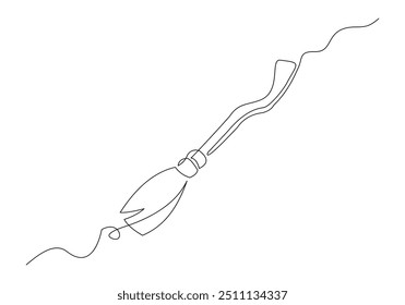 Continuous single line sketch drawing of wizard witch flying broom halloween spooky concept one line vector illustration