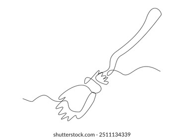 Continuous single line sketch drawing of wizard witch flying broom halloween spooky concept one line vector illustration