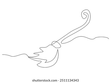 Continuous single line sketch drawing of wizard witch flying broom halloween spooky concept one line vector illustration