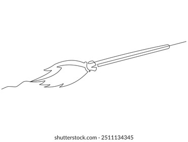 Continuous single line sketch drawing of wizard witch flying broom halloween spooky concept one line vector illustration