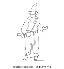 Continuous single line sketch drawing of vintage retro wizard witch cloak hat halloween costume do magic trick one line vector illustration