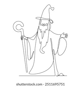 Continuous single line sketch drawing of vintage retro wizard witch cloak hat halloween costume do magic trick one line vector illustration