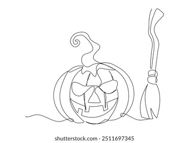 Continuous single line sketch drawing of spooky jack o lantern halloween pumpkins horror scary face with flying witch broom magical wand vector illustration	