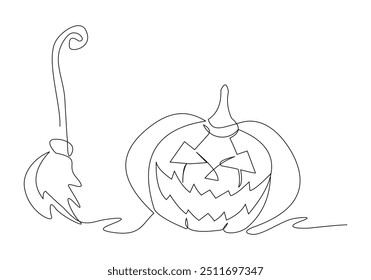 Continuous single line sketch drawing of spooky jack o lantern halloween pumpkins horror scary face with flying witch broom magical wand vector illustration	