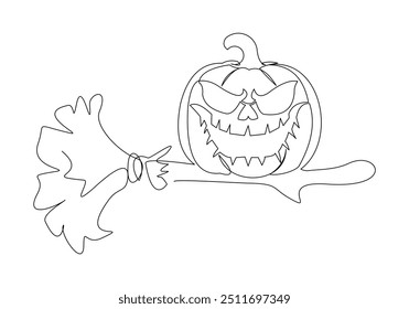 Continuous single line sketch drawing of spooky jack o lantern halloween pumpkins horror scary face with flying witch broom magical wand vector illustration	