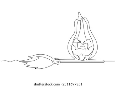 Continuous single line sketch drawing of spooky jack o lantern halloween pumpkins horror scary face with flying witch broom magical wand vector illustration	