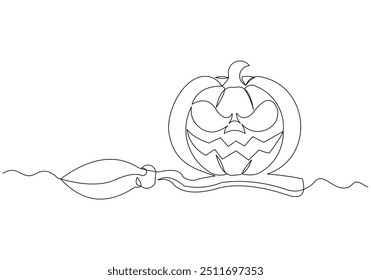 Dibujo continuo de boceto de una sola línea de aterrador jack o linterna calabazas de halloween cara de terror con escoba de bruja voladora varita mágica Ilustración vectorial	