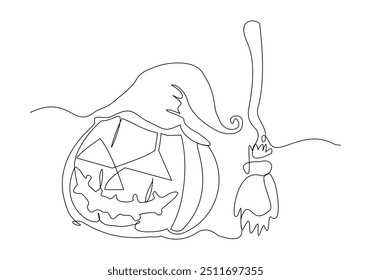 Continuous single line sketch drawing of spooky jack o lantern halloween pumpkins horror scary face with flying witch broom magical wand vector illustration	