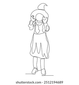 Desenho de esboço de linha única contínuo de mulher bruxa assistente mágico cone chapéu halloween traje do mágico truque de uma linha ilustração vetor