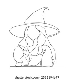 Desenho de esboço de linha única contínuo de mulher bruxa assistente mágico cone chapéu halloween traje do mágico truque de uma linha ilustração vetor