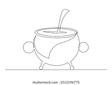 Continuous single line sketch drawing of wizard witch cauldron halloween spooky concept one line vector illustration