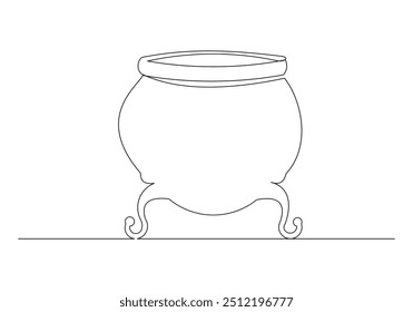 Continuous single line sketch drawing of wizard witch cauldron halloween spooky concept one line vector illustration