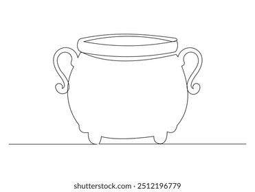 Continuous single line sketch drawing of wizard witch cauldron halloween spooky concept one line vector illustration