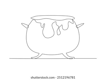 Continuous single line sketch drawing of wizard witch cauldron halloween spooky concept one line vector illustration