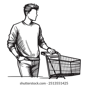 Boceto continuo de una sola línea dibujando a un joven feliz empujando el Carrito de la carretilla de compras. Una línea de tienda minorista de Ilustración vectorial de mercado