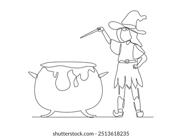 Continuous single line sketch drawing of wizard witch holding magical wand broom and potion cauldron halloween spooky concept one line vector illustration