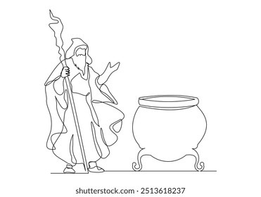 Continuous single line sketch drawing of wizard witch holding magical wand broom and potion cauldron halloween spooky concept one line vector illustration