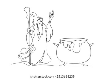 Continuous single line sketch drawing of wizard witch holding magical wand broom and potion cauldron halloween spooky concept one line vector illustration